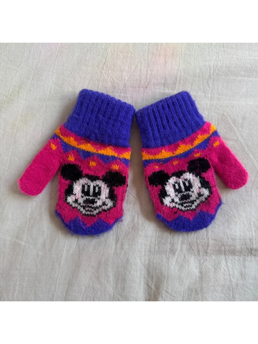 Vintage Knit Mittens Pink Purple Mickey Mouse Pattern Small